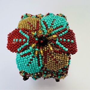 NATIVE AMERICAN SEED BEAD WIDE CUFF BRACELET FLORAL DESIGN TIGER EYE